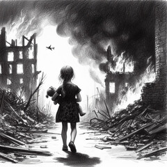 a little woman holding a doll standing among buildings collapsed due to war, digital art image