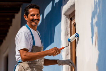 happy latin american painter painting the front of a traditional home