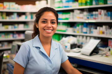 portait of a happy latin female pharmacist in a drugstore - obrazy, fototapety, plakaty