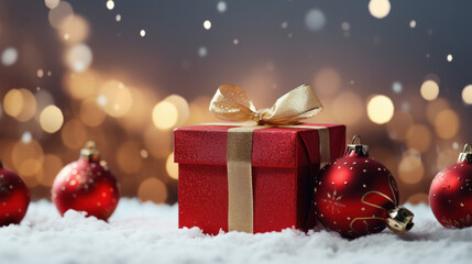 Fototapeta na wymiar Merry Christmas gift boxes with ribbon on snow and golden light bokeh background concept design of ornaments and decorative. Happy Holidays festive for Ads, poster, banner, brochure. Generative AI