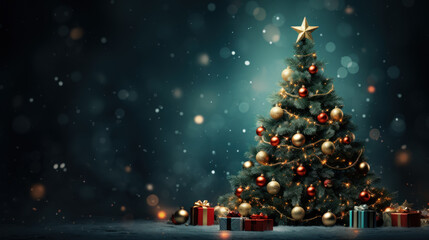 Obraz premium Merry christmas and happy new year holiday. Christmas Tree with Gift box, Balls decorated in wonderful snowy winter landscape. Christmas greetings concept with snowfall. Generative AI