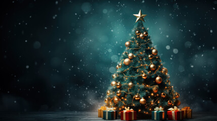 Merry christmas and happy new year holiday. Christmas Tree with Gift box, Balls decorated in wonderful snowy winter landscape. Christmas greetings concept with snowfall. Generative AI