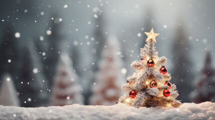 Fototapeta na wymiar Merry christmas and happy new year holiday. Christmas Tree with Balls decorated in wonderful snowy winter landscape. Christmas greetings concept with snowfall. Generative AI