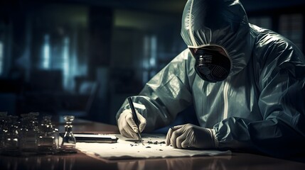 Forensic Crime Scene Investigation, Employee wearing a mask is examining pieces of evidence. - obrazy, fototapety, plakaty