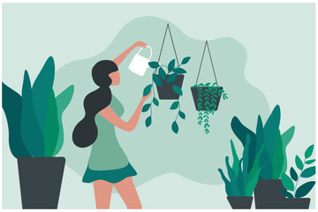 Happy woman watering houseplants at home vector illustration.. Hobby, stay home, lifestyle, home garden and houseplants concept