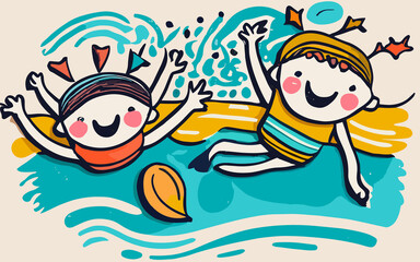 Obraz na płótnie Canvas Splashy Crayon Children Swimming with Friends in Vibrant Full Color