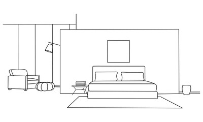 Fototapeta premium Modern bed room with furniture. Bed, table, lamps, carpet. Vector illustration in flat style.