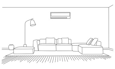 Furniture. Interior. Living room with sofa, table, lamp, pictures, window. Vector.