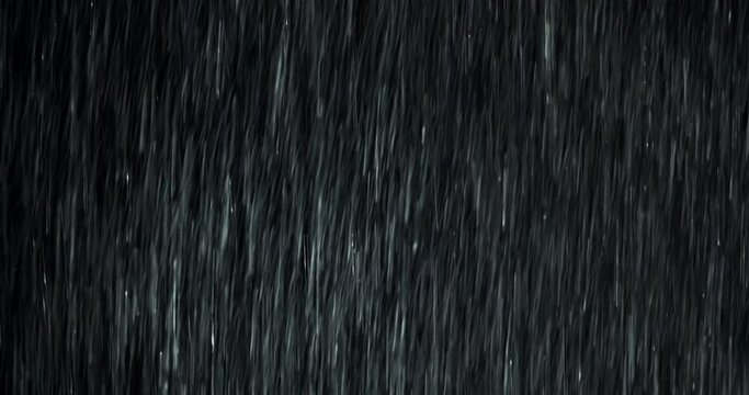 A heavy rain wall storms in front of the black screen in 4K loopable high-speed footage. Raindrops splashing. Rainstorm closeup VFX insert. Practical, seamlessly loopable. Rain machine on black.