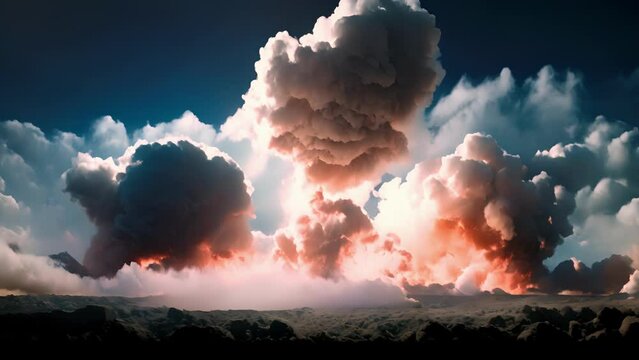 A stunning explosion engulfs a missile test site, producing a mushroomshaped plume that reaches for the sky.
