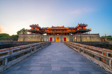 Ngo Mon gate - the main entrance of Hue Imperial City in Hue city, Vietnam, during sunset time. The World Heritage Site and famous travel destination