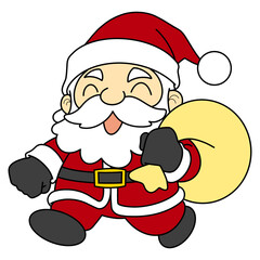 Funny Christmas illustration.Santa is carrying a bag full of gift boxes with smiling faces on transparent background.