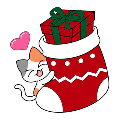 Funny Christmas illustration. A little cat hugs a red Christmas stocking with a white pattern and a gift box inside on transparent background.