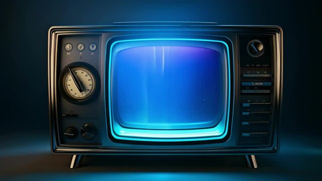 An oldschool television with a round glass tube featuring a single black and white dial and a jagged electric blue pattern on the screen