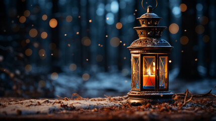 old lantern in the night. winter concept generative with Ai tools - obrazy, fototapety, plakaty