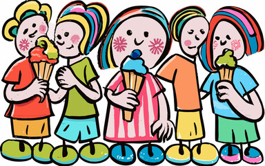 Joyful Hues Children Delight in Ice Cream Extravaganza, Illustrated in a Vibrant Crayon Palette