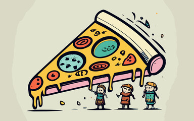 Slice of Joy: Kids Illustrated Enjoying Pizza Fun in a Crayon Rainbow of Colors