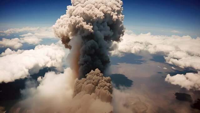 A bomb explosion creates a mushroomshaped cloud of smoke and debris, resembling a volcanic eruption.