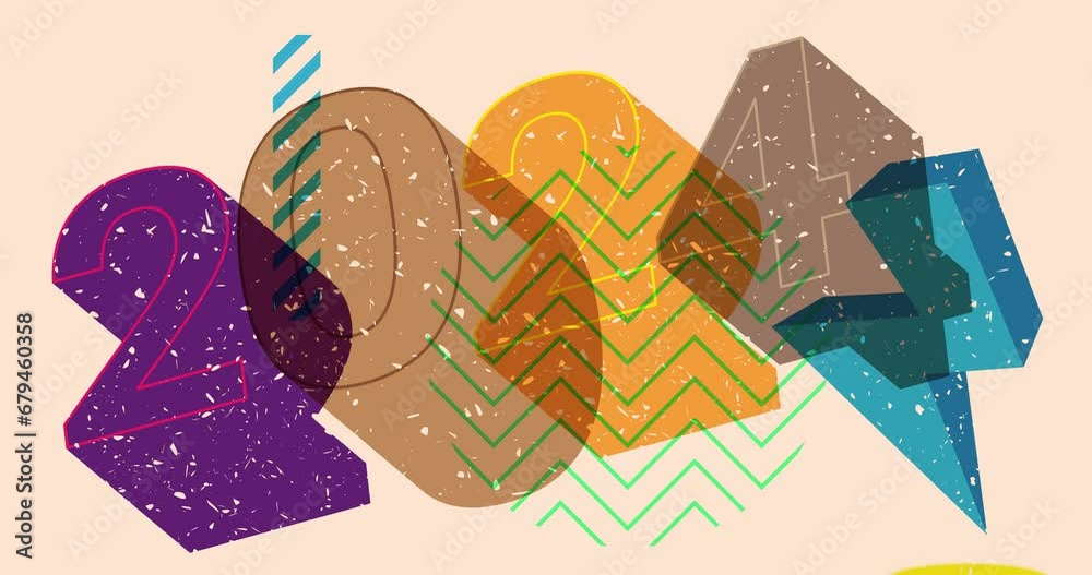 Poster risograph number 2024 with geometric shapes animation. moving object in trendy riso graph design vid