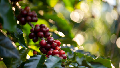 Ripe red coffee fruit covering the branches with green leaves.