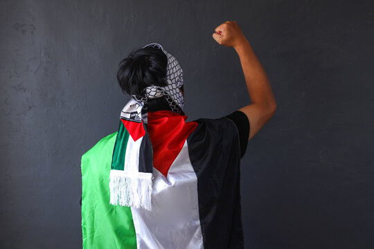 Back view of a man raising fist with Palestine flag on his shoulder
