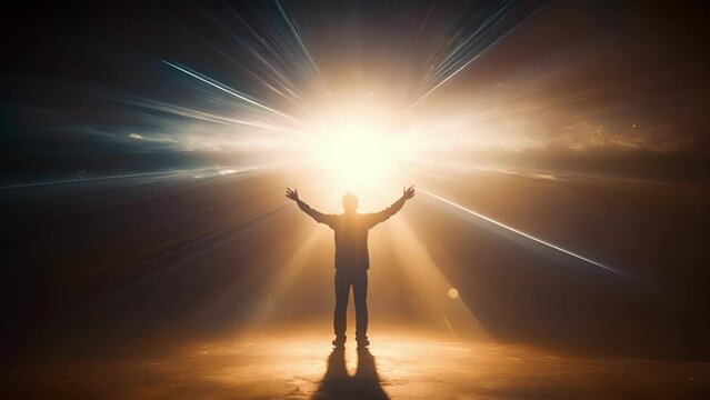 A person standing in a spotlight with their arms outstretched, surrounded by a halo of radiant light, symbolizing spiritual awakening and enlightenment.