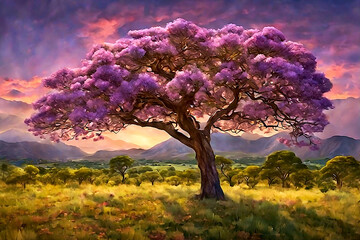 beautiful landscape painting of a beautiful flowering jacaranda tree in a field at sunset with mountains in the background - obrazy, fototapety, plakaty
