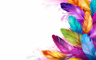 Happy Mardi Gras poster. A banner template with colourful feathers and pink shadows isolated on white background, copy space at the left. Costume party flyer for carnivals. AI Generative - obrazy, fototapety, plakaty