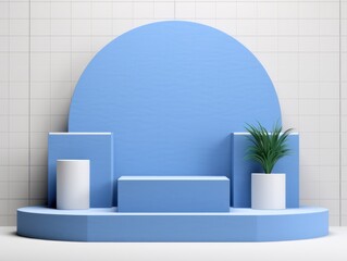 platform Podium Display Mockup. Minimal mockup for product showcase. Modern promotion. Geometric shape background with empty space. Blue color.