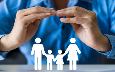Hand holding family love care and protect, family mental health, health and house insurance, family...