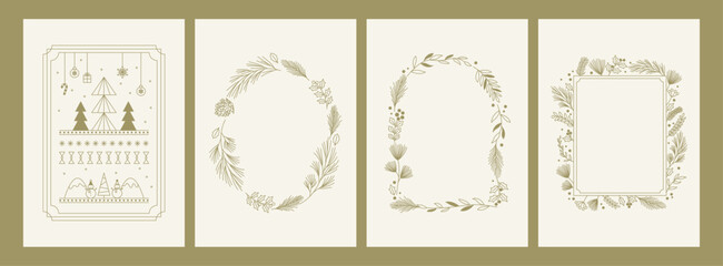 Set of golden lined Christmas vector illustrations.