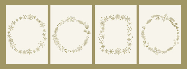 Set of golden lined Christmas vector illustrations.