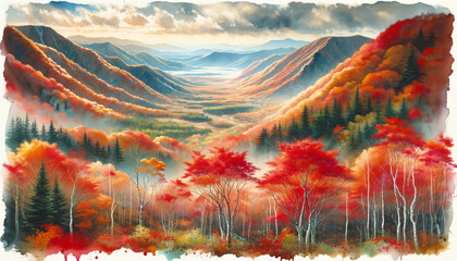 Watercolor - Autumn scenery at Daisetsuzan National Park in Hokkaido, Japan.