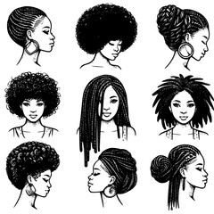 set of silhouettes representing afro braids and hairstyles diversity, editable vector