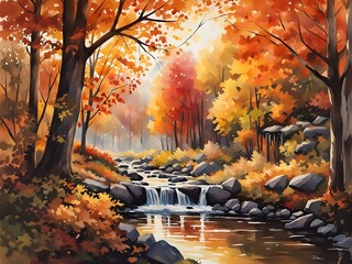 Vintage oil painting of autumn landscape ai generation