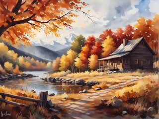 Vintage oil painting of autumn landscape ai generation