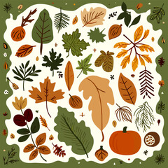 collection of autumn-themed illustrations, including various leaves, acorns, and pumpkins in warm fall colors.
