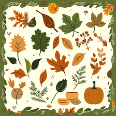 collection of autumn-themed illustrations, including various leaves, acorns, and pumpkins in warm fall colors.
