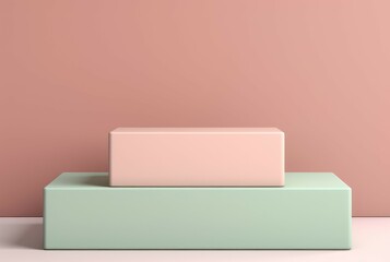 square platform Podium Display Mockup. Minimal mockup for product showcase banner. Modern promotion. Geometric shape background with empty space. Pink and green colors.