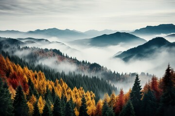 Aerial high-top view of autumn colorful trees above the forest, Yellow, red, and green nature