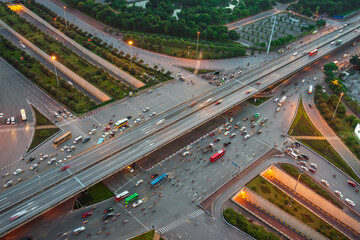 Hanoi street aerial view during sunset period at intersection Khuat Duy Tien - Tran Duy Hung st in 2020
