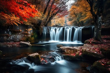 Beautiful waterfall in the autumn season Long exposure photography
