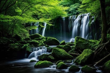 Beautiful waterfall in the green forest Long exposure photography