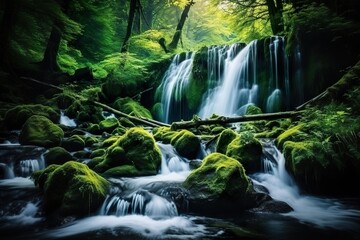 Naklejka na ściany i meble Beautiful waterfall in the green forest Long exposure photography