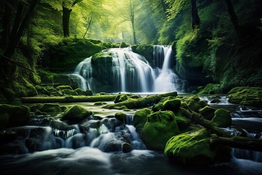 Beautiful waterfall in the green forest Long exposure photography