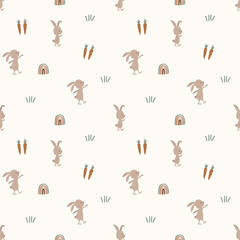 Rabbit, Carrot, Rainbow and Grass Seamless Kids Pattern. Suitable for Accessories, Home D&eacute;cor, Stationary, Textile & Fabric, Wallpaper, Website  or any other Printing Purposes.  Vector Illustration.