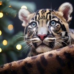 Cute tiger cub in front of christmas tree with bokeh