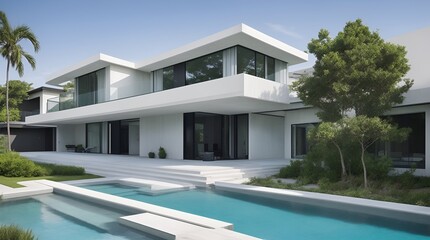 Fototapeta na wymiar White modern house with luxurious pool