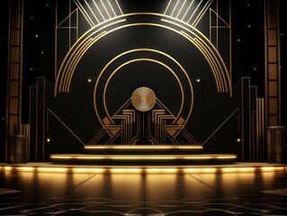 Podium Stage Display Mockup in Art Deco style . Minimal mockup for product showcase banner. Modern promotion. Geometric shape background with empty space.