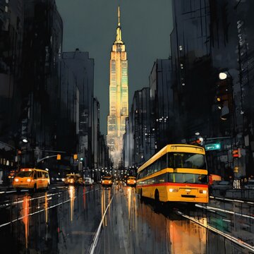 Digital painting of a bus driving on the street in New York City